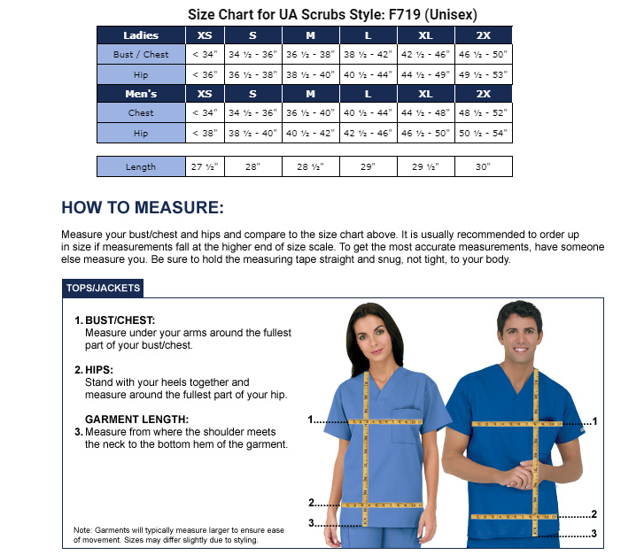 Size Chart for AADSM Scrub Tops